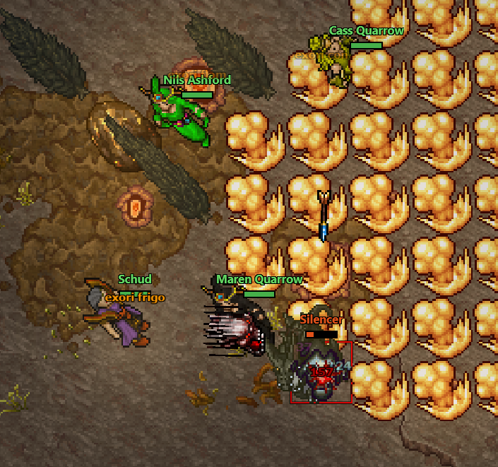 Mercenários lutando em grupo durante uma caçada no OtxIdle.